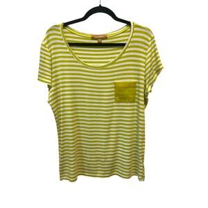 Ellen Tracy Light Lime Green White Stripe Sequin Pocket Top Large Made in USA